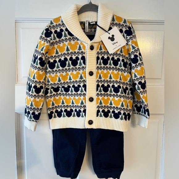 NWT Janie and Jack Disney Mickey Mouse Fair Isle Cardigan and Twill Joggers